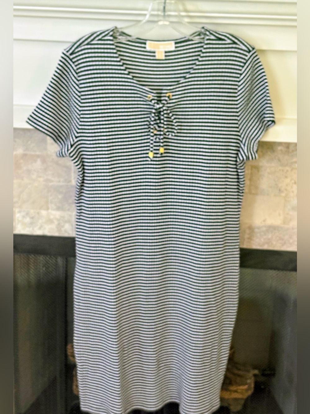 Michael Kors Black and White Striped Lace-Up Midi Dress